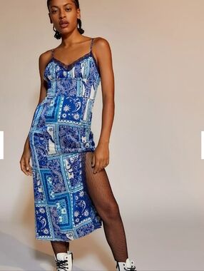 Urban Outfitters Audrey Blue Patchwork Print Slip Dress with Lace Trim